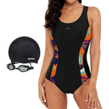 Combo Malla Natacion Mujer +antiparras +gorro Silicona Safit