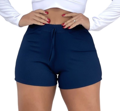 Short Feminino Curto Soltinho Malha Canelada Tendencia Verao