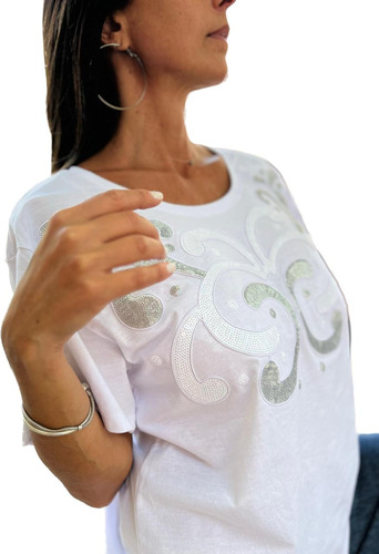 Remera Bordada Lentejuelas Mujer - Tg Arabesco Cordón