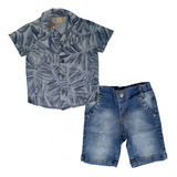 2 Peças - Camisa Jeans Estampada/ Bermuda Algodão Infantil