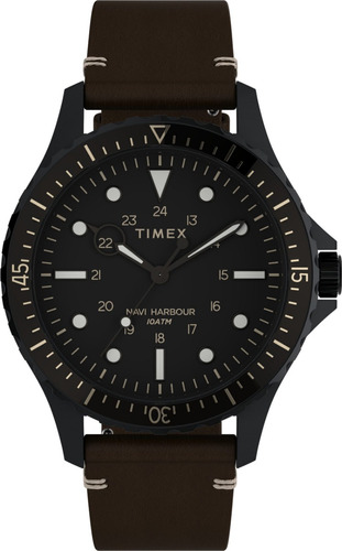 Reloj Timex Hombre Tw2v45400 Cuero Marron Navi Harbour 100m Color Del Bisel Negro Color Del Fondo Negro
