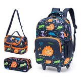 Mochila De Rodinhas C/ Lancheira Estojo Infantil Escolar Cor Azul/verde Dino