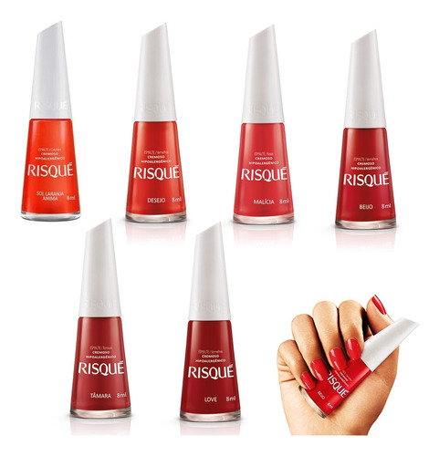 Kit Com 6 Esmaltes Risque Vermelhos Vivo Tons Claros Atacado