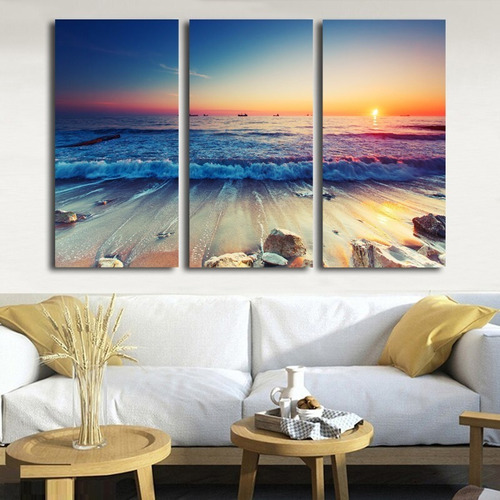 Cuadros Tripticos Modernos Madera 60x90 Amanecer Playa