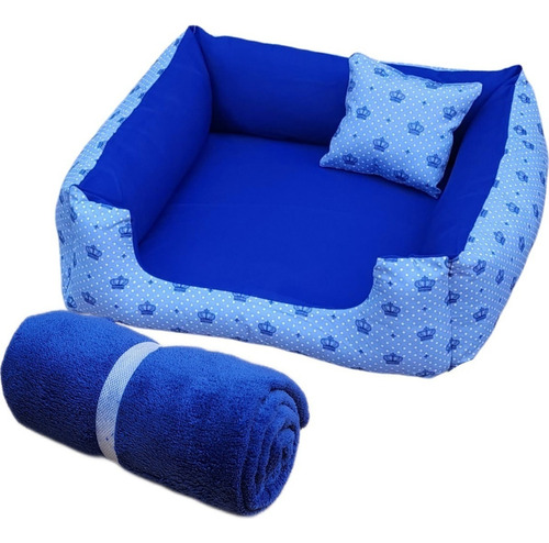 Cama De Cachorros Médios Caminha Com Zíper 60x60 + Manta Cor Azul De Coroa