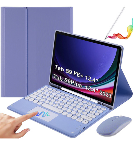 Funda C/teclado+mouse+lápiz P/galaxy Tab S9 Fe+ 12.4 Púrpura
