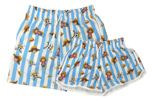 Kit Short Casal One Piece Listrado Luffy Luxo Combinando