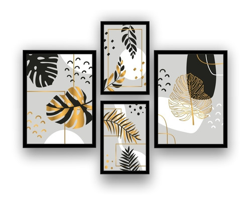 Kit 4 Quadros Flores Preto  E Dourado Sala Cozinha Quarto