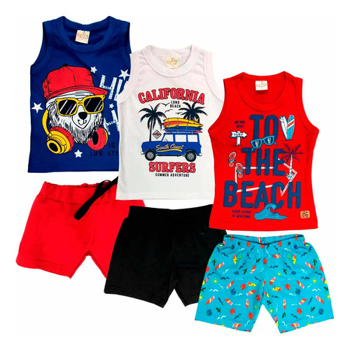 Kit 3 Conjunto Infantil Masculino Regata Bermuda Cacau Kids