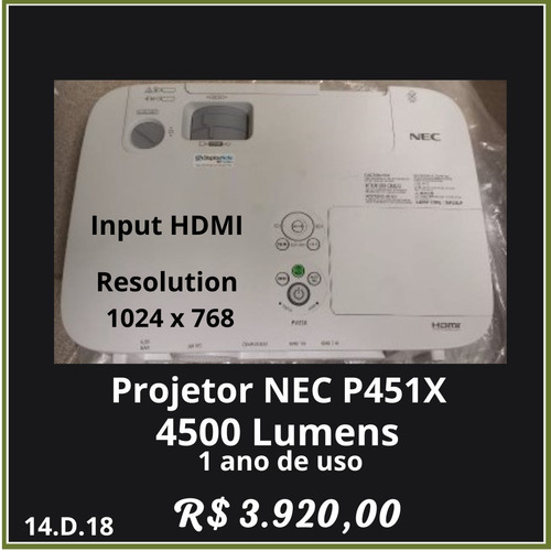 Projetor Nec P451x (4500 Lumens Com Hdmi) 1 Ano De Uso