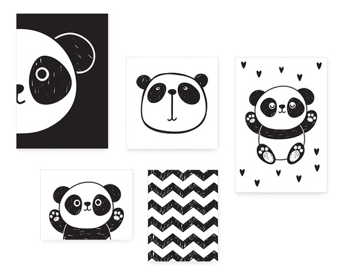 Kit 5 Quadros Decorativos Panda Infantil Quarto Bebê 312ktpl