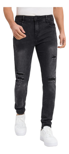 Jeans Ajustado Slim Fit De Hombre Pitillo, Gris Roto Roto