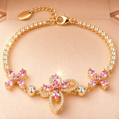 Pulsera Plata 925 Oro 14k Mariposa Flor Zirconia Ajustable