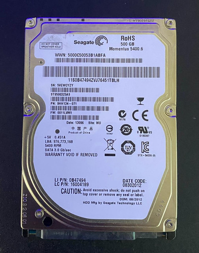 Disco Rigido Seagate 500gb, 2,5  Sata 3 6gb/s 8mb