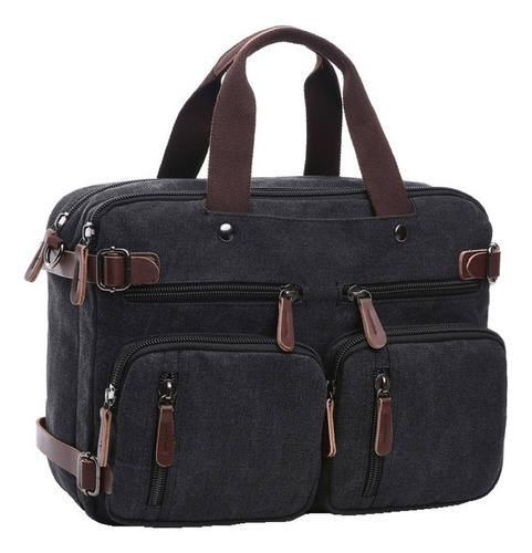 Bolsa Transversal Tiracolo Masculina Para Notebook 15.6 De Lona E Couro Resistente Com Alça De Ombro Carteiro Mensageiro Cor Preto Desenho Do Tecido Liso