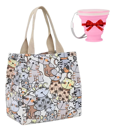 Bolsa De Lona Lonchera Estampado De Gato Con Cierre + Vaso