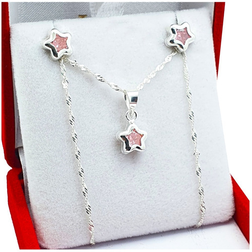 Conjunto Plata 925 Estrella C/ Strass Cubic Cadena Dije Aros