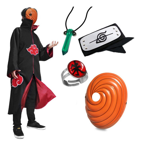 Kit Capa Akatsuki Máscara Tobi Bandana Colar Anel Naruto 