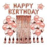 Kit Balões + Cortina Metalizada Rose Gold 47pçs Aniversários