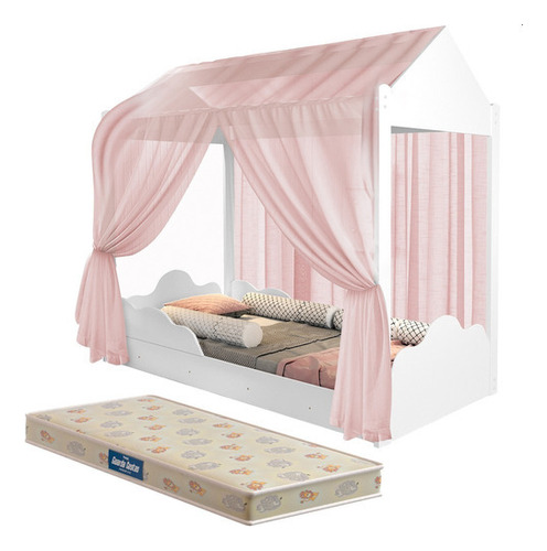 Cama Infantil Montessoriana Casinha Com Colchão E Voal Cor Branco Branco