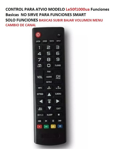 Control Atvio Para Tv Modelo Le50f1000ua Funciones Basicas