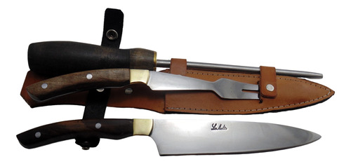 Set Parrillero Artesanal Cuchillo Tenedor Y Chaira 28 Cm