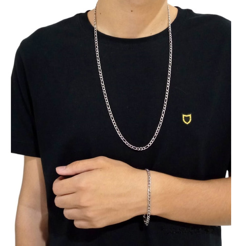 Conjunto Corrente Masculina 4mm 3x1 Aço Inox Com Pulseira  