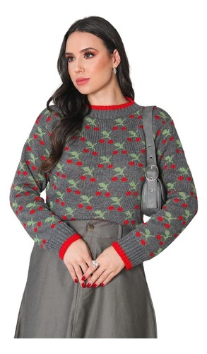 Blusa Cereja Manga Longa Moletom Tricot Blusa De Frio Tricô