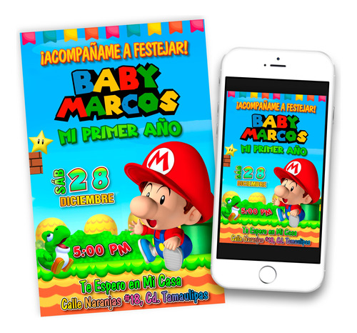 Invitación Digital Baby Mario Bros Imprimible Whatsapp