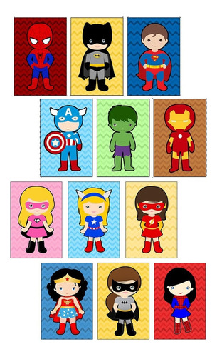 Quadros Kit 6 Heróis E 6 Heroínas 20x30cm Quarto Infantil Heróis E Heroínas