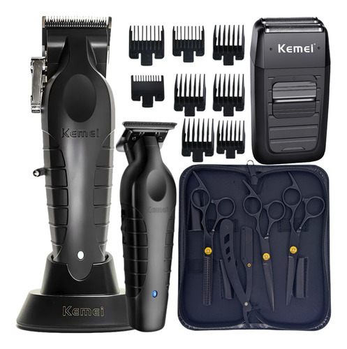 Kit Maquina Cortar Cabelo + 3 Tesoura Barbeiro Profissional