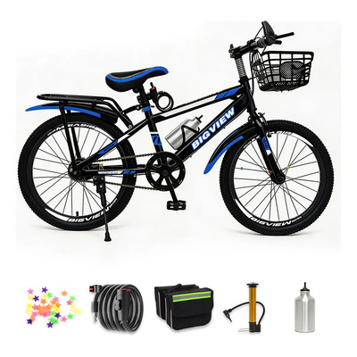 Bicicleta De Montaña Color Azul - Rodada R20 Para Niños Con Pedal Trasero, Asiento Trasero Y Cesta, Incluye Bomba, Candado, Botella, Bolsa Y Decoración De Rayos | Envío gratis