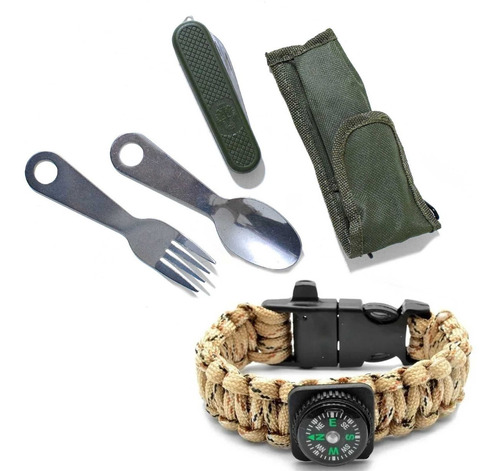 Kit Camping Supervivencia Set Cubiertos Pulsera Brujula 5en1