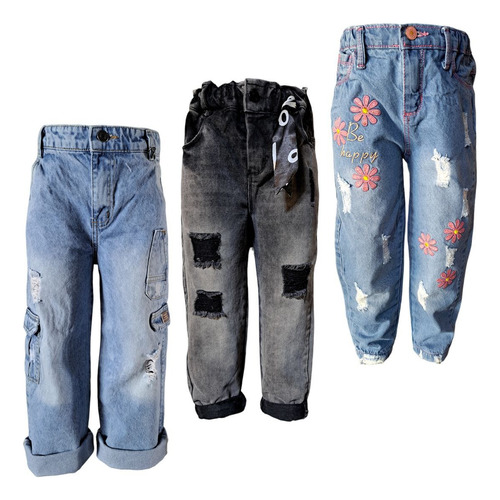 Pack 3 Jeans Mom Moda Para Niñas Lisos Rotos Cargo 4-16
