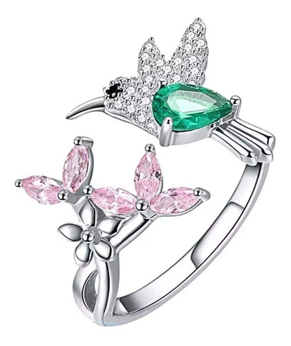 Anillo De Colibri Con Flor Verde Esmeralda Con Rosa