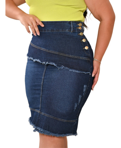 Saia Jeans Midi Secretária Evangélica Plus Size Com Elastano