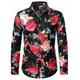 Camisa Hawaiana Manga Larga Con Estampado Floral P/hombre