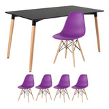 Conjunto Jantar Eames Mesa 140 X80  Cm 4 Lugares Cadeiras Cor Mesa Preto Com Cadeiras Roxo