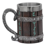 Mug Taza Vaso Vikingo Runas Nordicas, Acero Y Resina 385ml