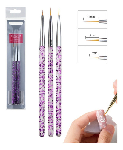 3 Pinceles Liner Fino Mano Alzada Nail Art Uñas Gel Color Morado