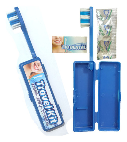 10 Kit Escova Dental Viagem Dobrável + Creme + Fio Dental
