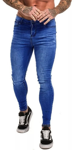 Jeans Hombre Chupin Elastizado Azul Gastado Calidad Premium