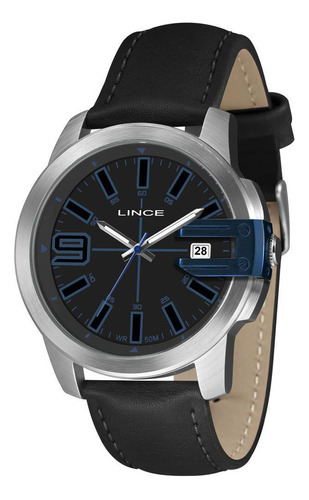 Relogio Lince Masculino Prateado Azul Couro Mrc4760l48 Cor Da Correia Preto Cor Do Fundo Preto