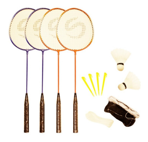 Set Badminton 4 Raquetas Acero + 2 Plumas + Red Sixzero