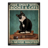 #908- Cuadro Decorativo Vintage Gato Libros Poster No Chapa