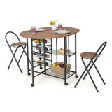 Mesa Silla Comedor 3pzs Plegable Versátil 2 Estantes 4 Cesta