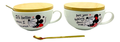 Mug Mickey Y Minnie Mouse Tapa De Madera + Cuchara Dorada