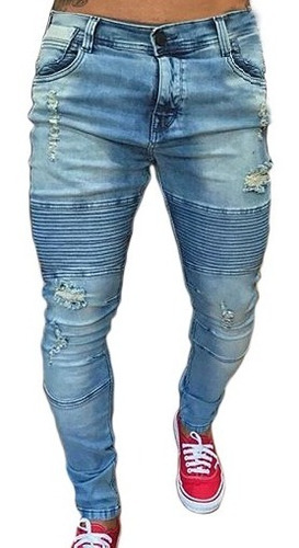 Calça Jeans Biker Super Skinny Destroyed Rasgada Masculina