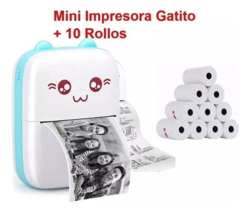 Mini Impresora Térmica Portátil Bluetooth Gatito + 10 Rollos