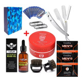 Kit Barbería Cepillo Aceite De Barba Navaja Cera  Regalo